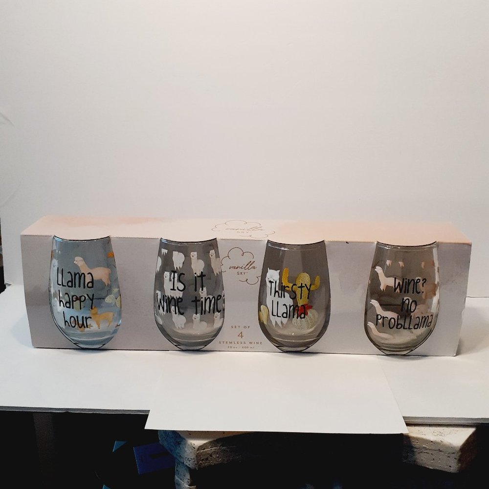 Stemless Wine Glasses by Vanilla Sky Llama Theme Funny 20 oz Set of 4
